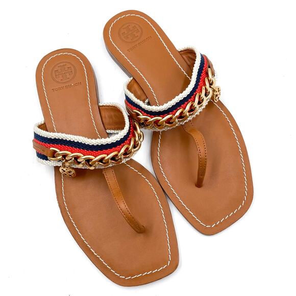 Tory‎ Burch Mini Benton Chain Stripe Sandals Flat Brown Thong Leather Sz 6.5 - Picture 1 of 10